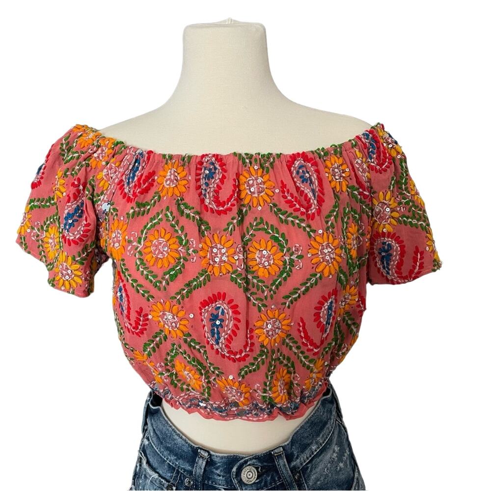 Miss June‎ Paris Embroidered Sequin Stretch Off Shoulder Crop Top Size Small